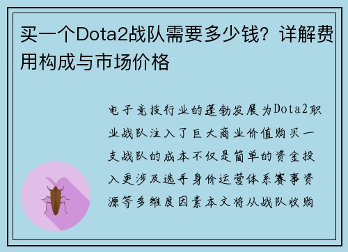 买一个Dota2战队需要多少钱？详解费用构成与市场价格