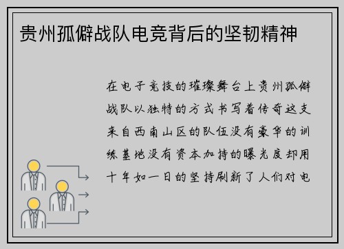 贵州孤僻战队电竞背后的坚韧精神